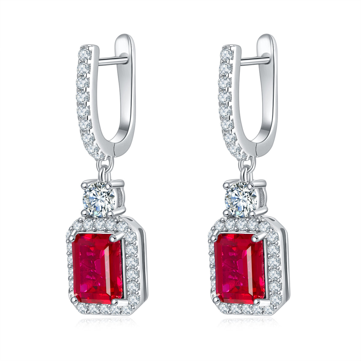 S925 Sterling Silver Lab-Grown Emerald Cut Drop Earrings, 6x8mm 6ct Ruby Sapphire Emerald, Platinum Plated 5.2g Women's Jewelry Gift Box
