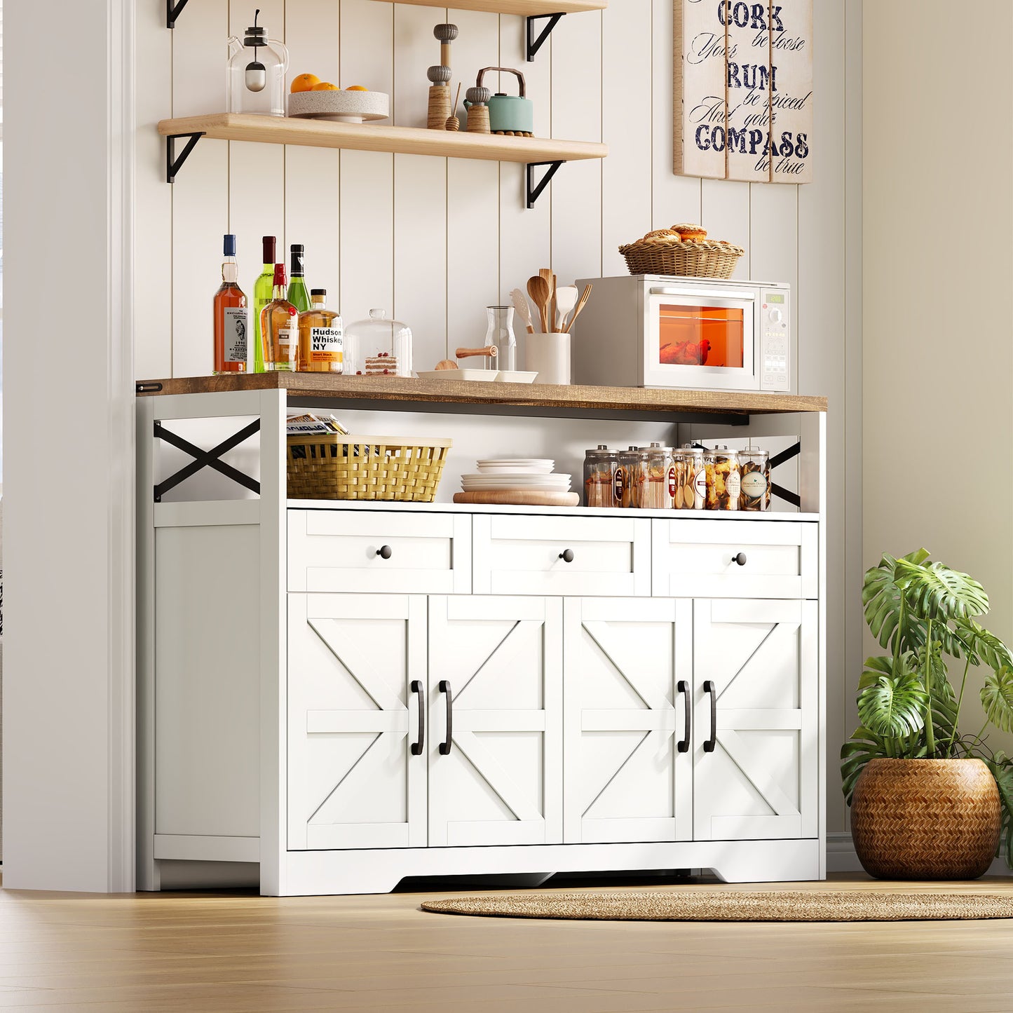 Sideboard 140cm With Storage, Coffee Bar Cabinet With 3 Drawers, Farmhouse Style  With Doors, Cabinets With Shelves, Suitable For Kitchen, Living Room, Hallway, Rustic White Brown Style