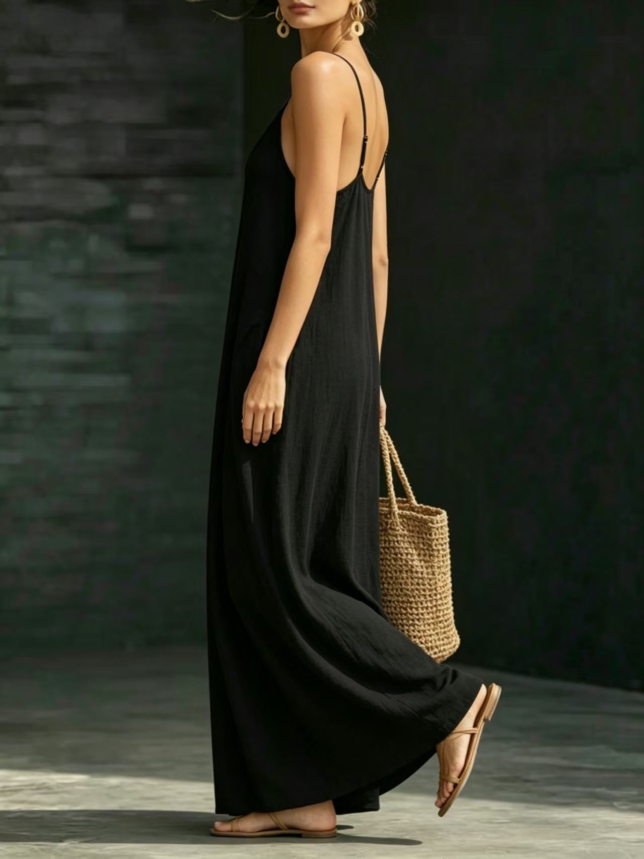 Summer V-Neck Spaghetti Strap Flowy Maxi Dress - Casual Fashion Solid Color Long Dress For Women Vaction Dress