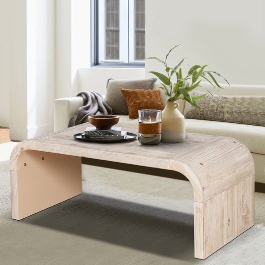 Farmhouse  Vintage Crafts Coffee Table,Curved Art Deco Design, Easy Assembly, 48  W X 24  D X 18   Antique Natural