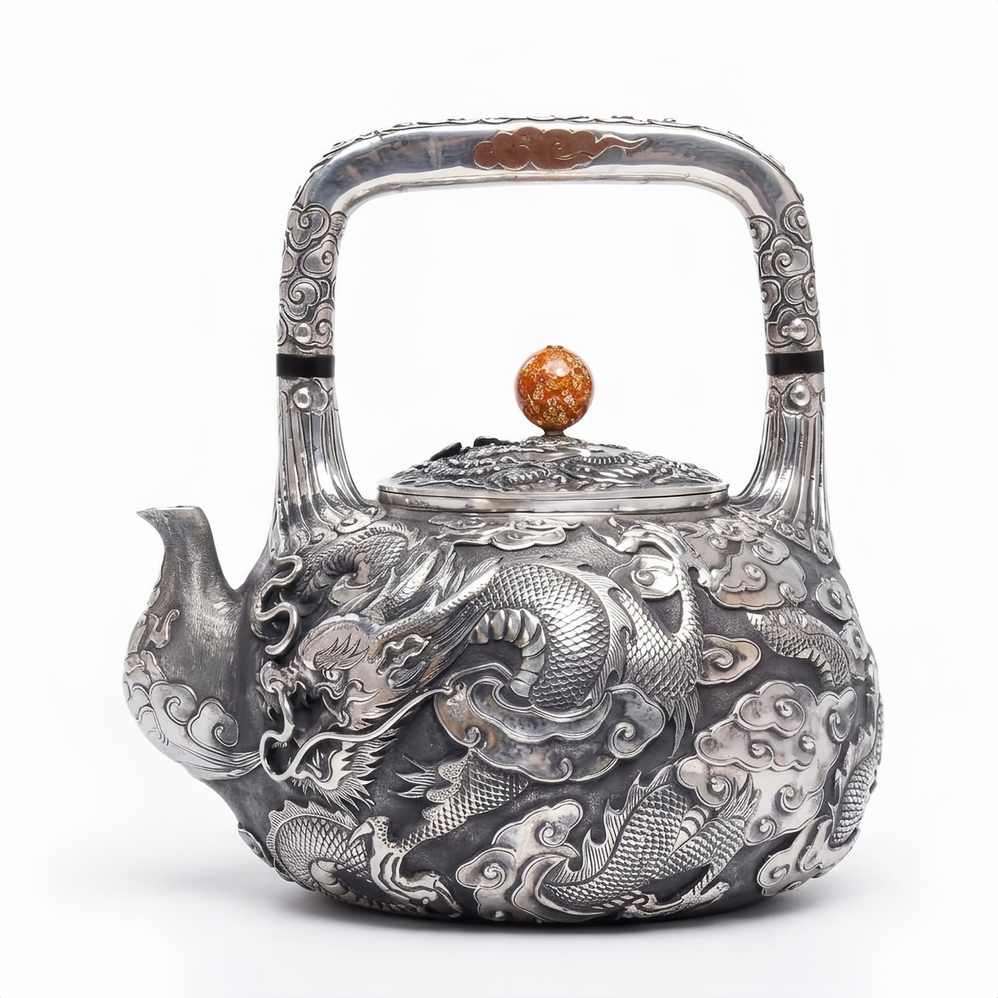925 Sterling Silver Exquisite Silver Dragon Tea Kettle with Intricate Cloud Relief and Amber Finial - Handicraft