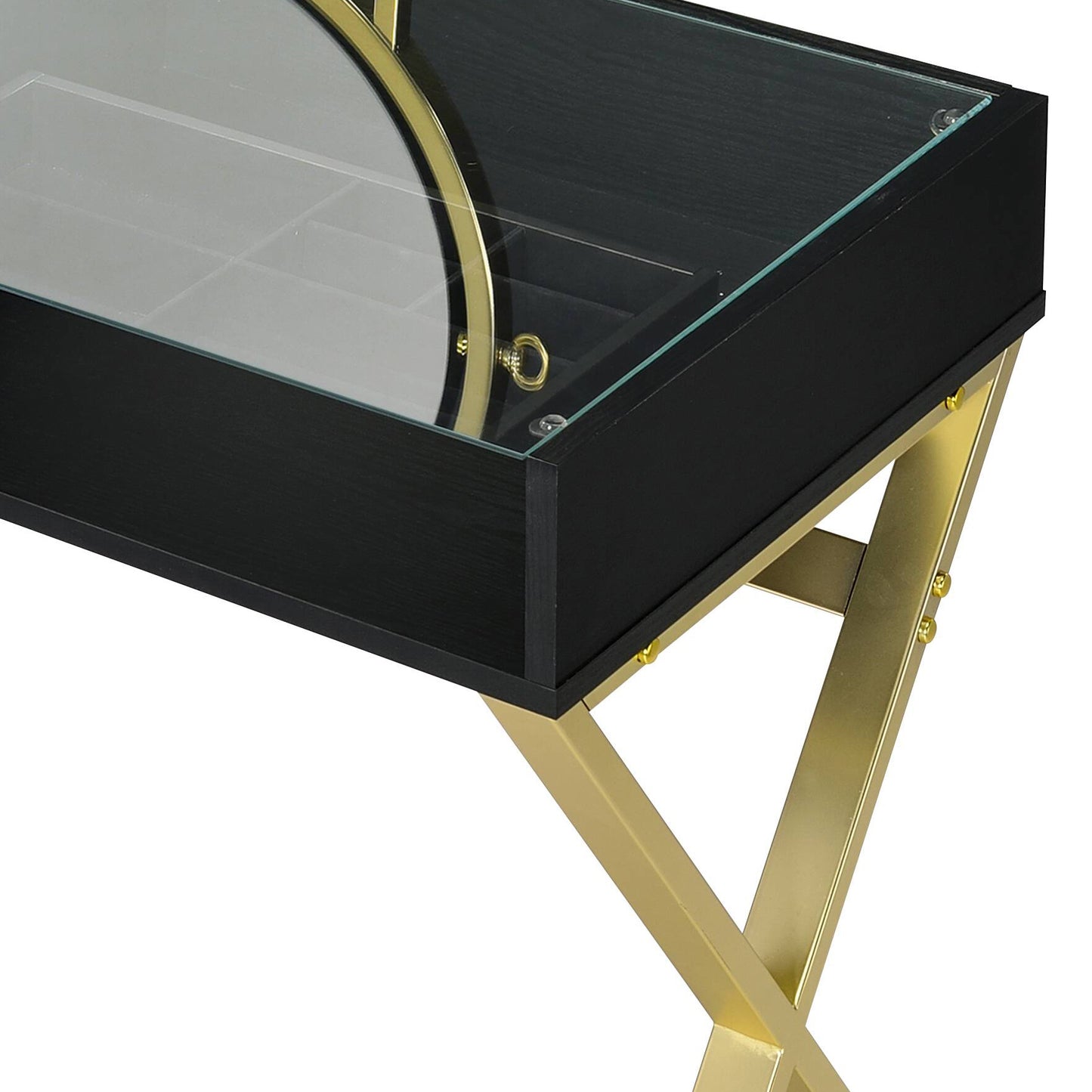 Coleen Black & Gold Finish Vanity Desk W Mirror & Jewelry Tray