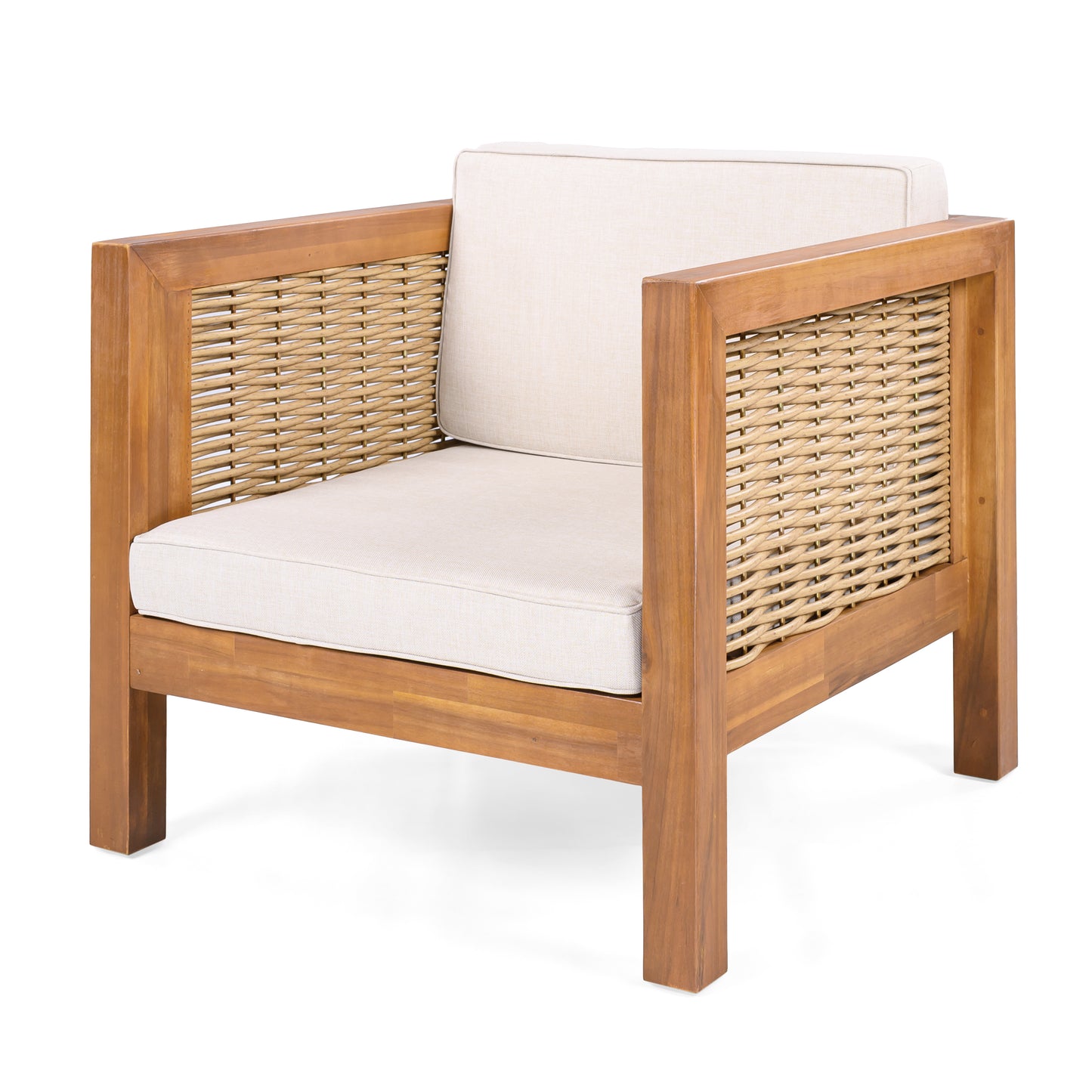 Outdoor Club Chair Set Of 2, Acacia Wood Frame With Wicker Armrest And Beige Cushions,400 Lbs Capacity