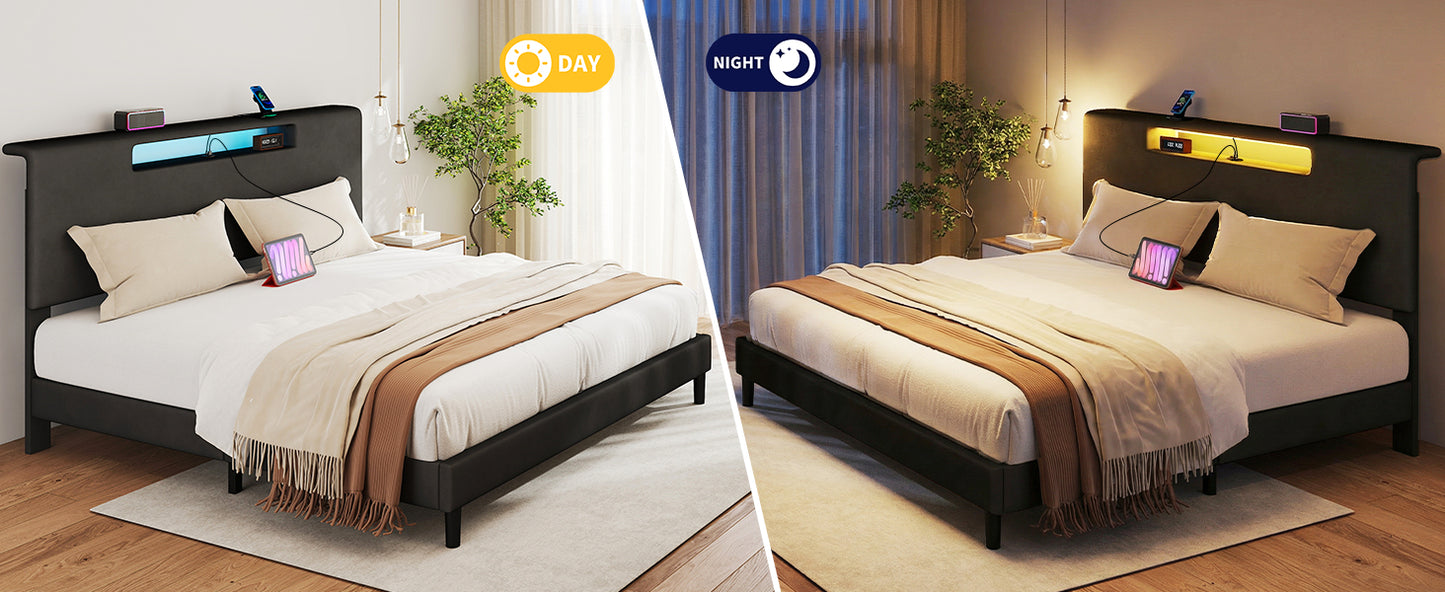 King Size Bed Frame With Charging Station And Adjustable LED Light Wood Slat Support Bed Frame With Upholstered Headboard No Box Spring Needed Easy Assembly