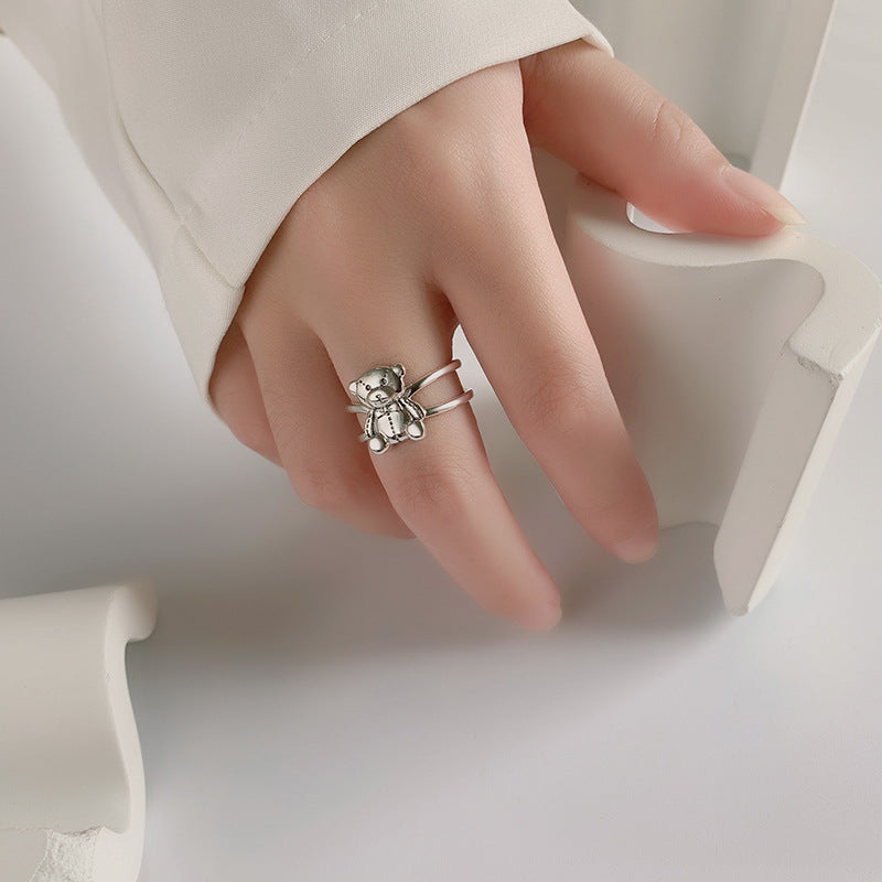 Korean Style S925 Silver Cute Cartoon Bear Ring