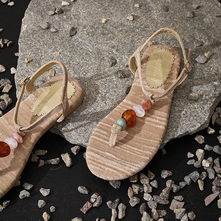 Retro Woven Bead Clip Toe Herringbone Sandals For Women's Summer New Fashion Beach Shoes Agate Slippers