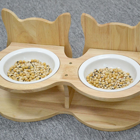 Bamboo And Wood Pet Cat Food Stand With Ceramic Bowl Tray