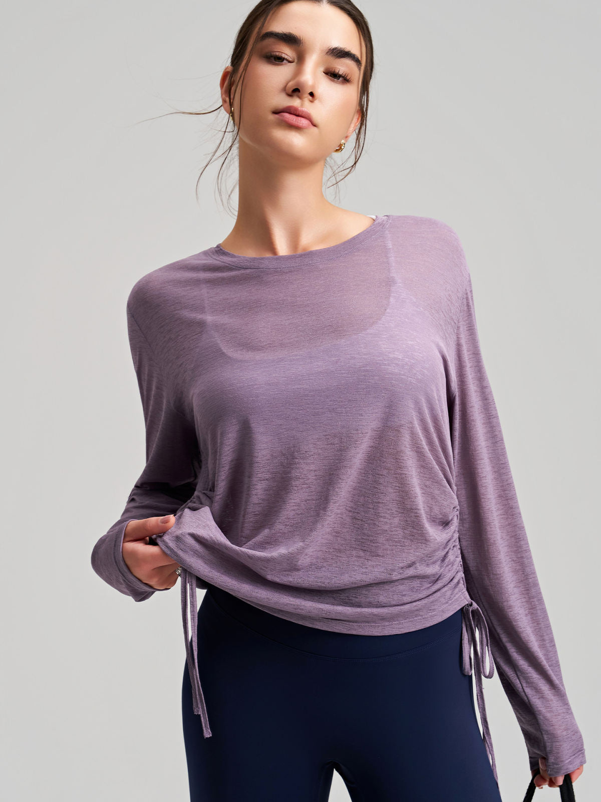 New Outerwear Crew Neck Yoga Cover-up Long-Sleeve Hip-Covering Side Drawstring T-Shirt, Loose Breathable Workout Running Yoga Top