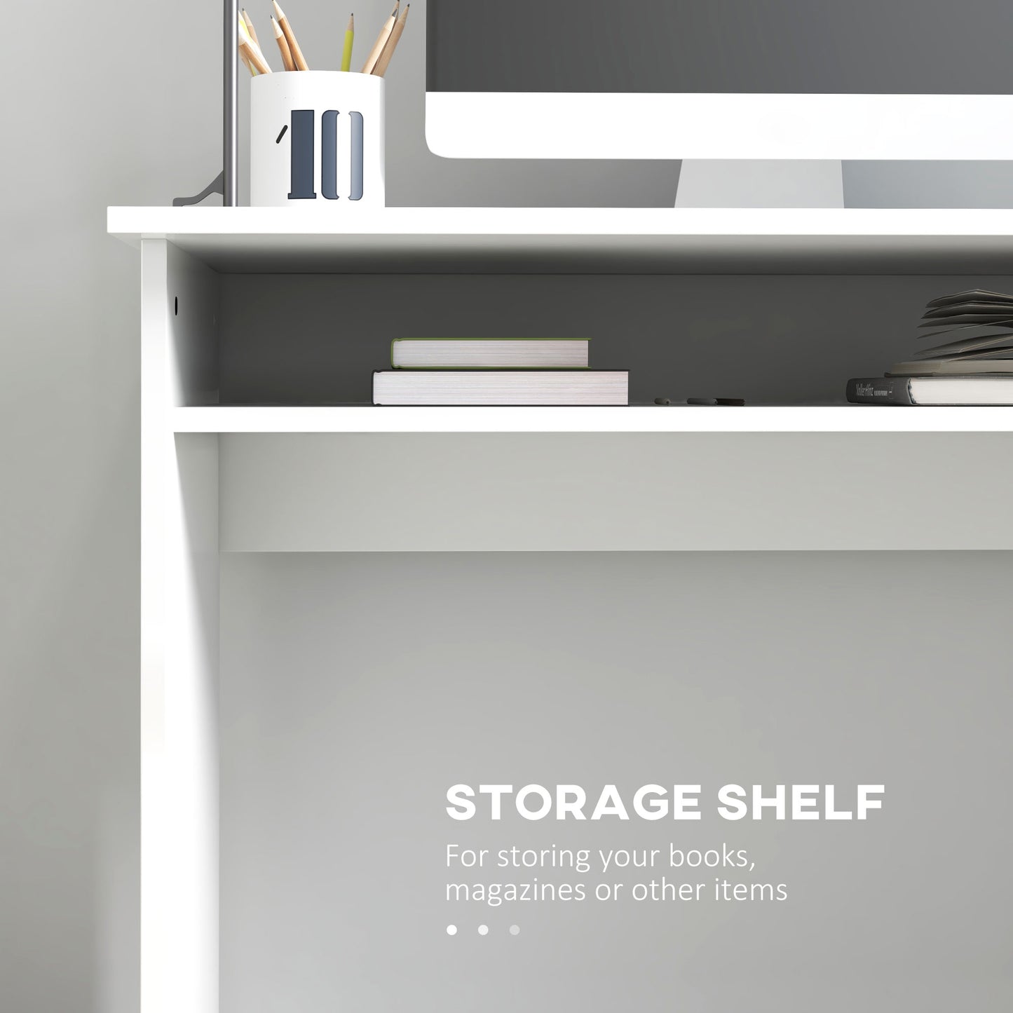90 X 50cm Computer Table, Modern Home Office Desk, Small Writing Desk With Storage Shelf, High Gloss White