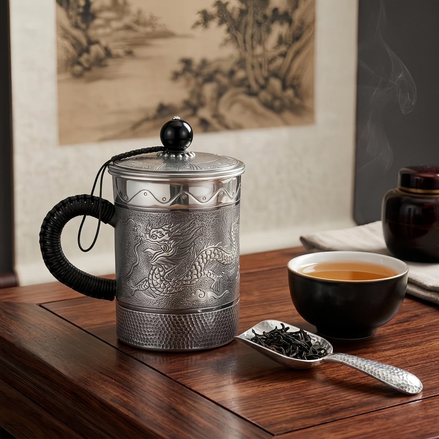 925 Sterling Silver Handcrafted Silver Dragon Tea Mug with Engraved Details and Lid - Handicraft