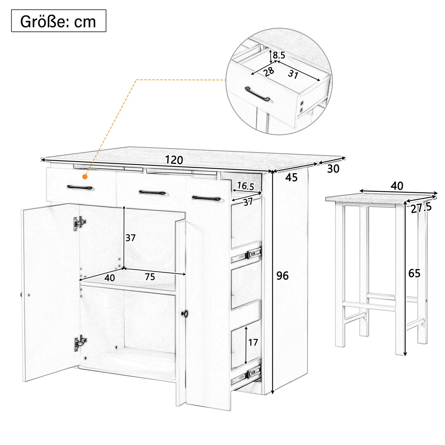 Pull-out Dining Area Kitchen Island With Adjustable Shelves And Drawers, Kitchen Island With Power Strips And Two Chairs, Ideal For Kitchen And Dining Room White
