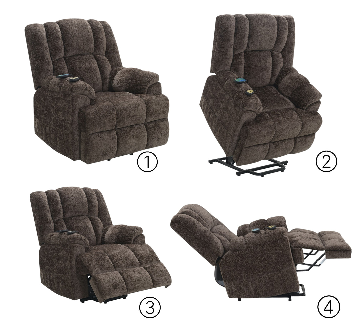Pacay Brown Chenille Power Motion Recliner With Lift, Heating & Massage Function