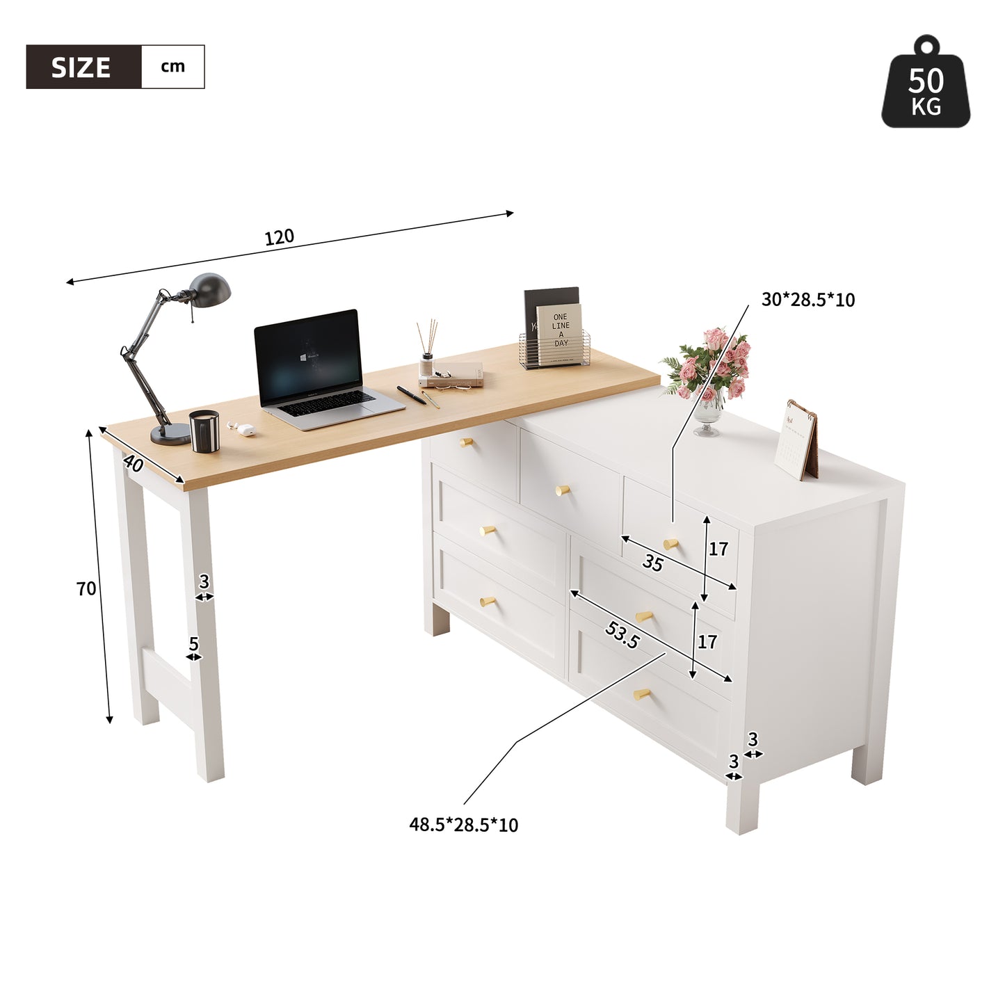 Desk With 7-Drawer Chest Of Drawers -2-in-1 Swivel Workbench And Sideboard, Oak Look, 360 Swivel Table Top, White  Natural, Desk, Dressing Table, L-Shaped Corner Desk