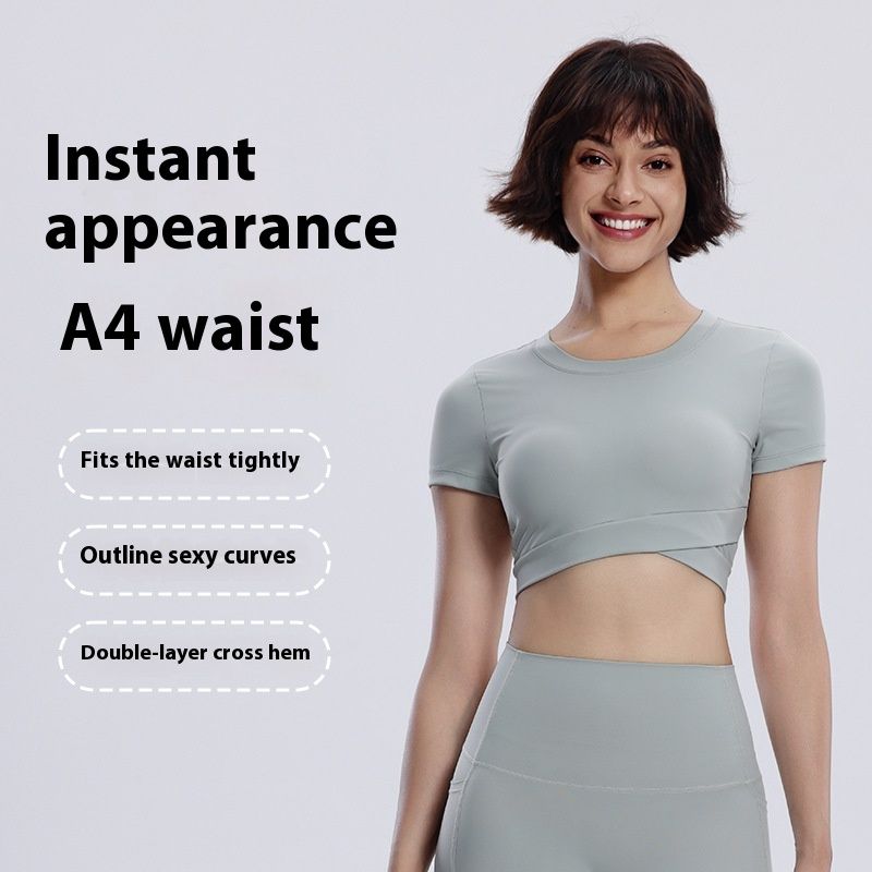 Women's Yoga Short Double-layer Hem With Chest Pad Sports Running Tight Round Neck Top