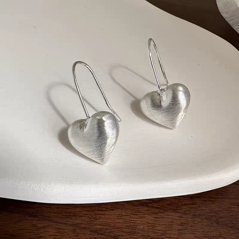 1 Pair 999 Sterling Silver Brushed 3D Heart Hook Earrings, Minimalist & Elegant, Perfect For Daily, Dating & Gifting, Ideal Valentine's Gift