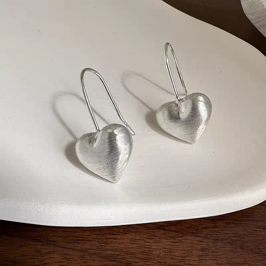 1 Pair 999 Sterling Silver Brushed 3D Heart Hook Earrings, Minimalist & Elegant, Perfect For Daily, Dating & Gifting, Ideal Valentine's Gift