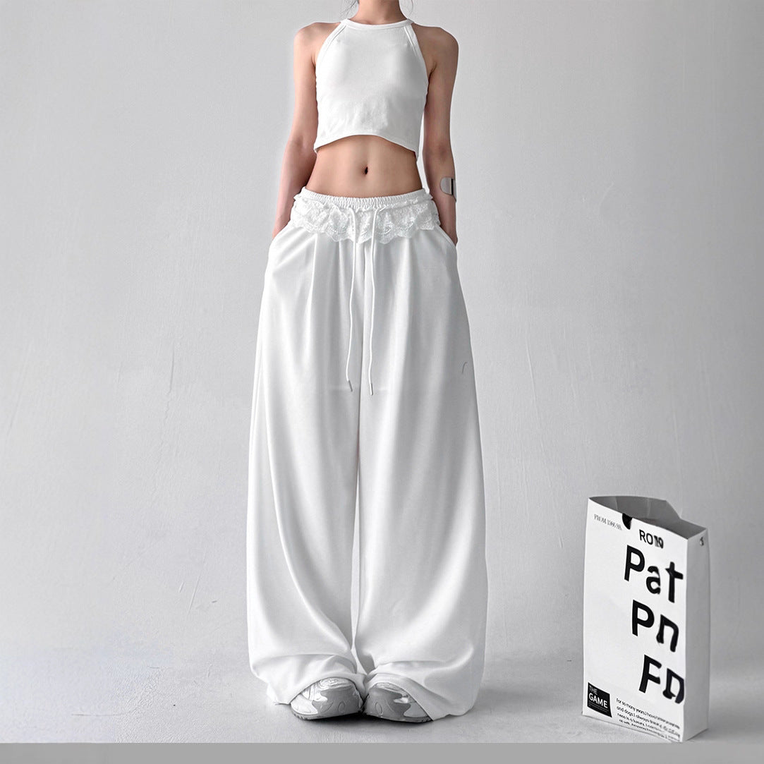 Solid-color Loose-fit Lace Drawstring Casual Korean-style Draping Sporty Laid-back Style
