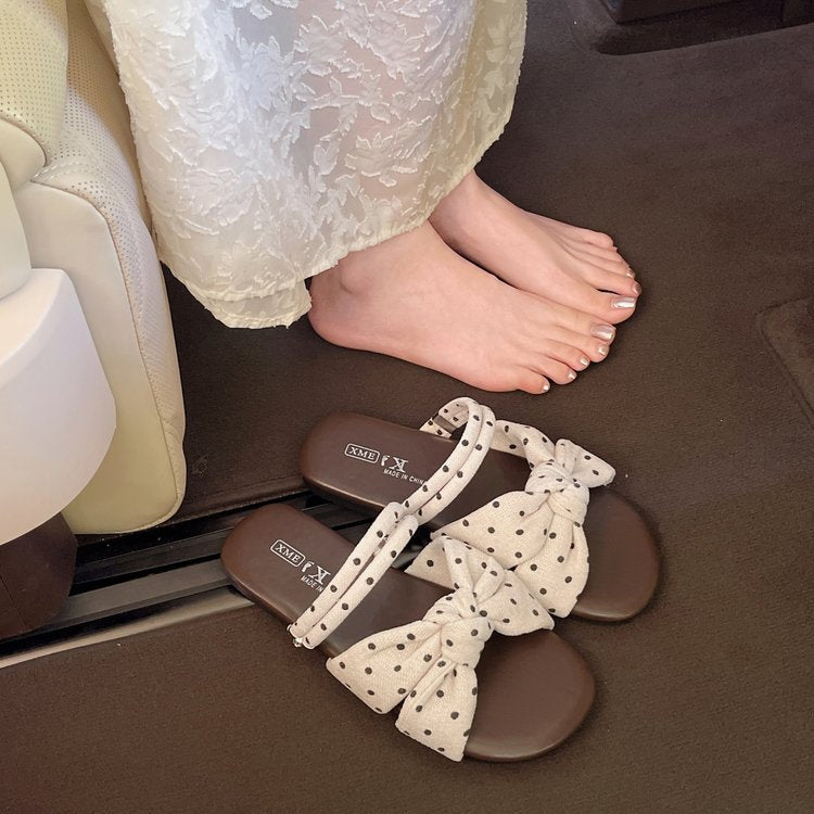 Flat Bottomed Slippers For Women's Summer, New Bow Tie, One Line Drag, Fashionable And Versatile, Soft Bottom, Comfortable Beach Slippers For Outdoor Wear