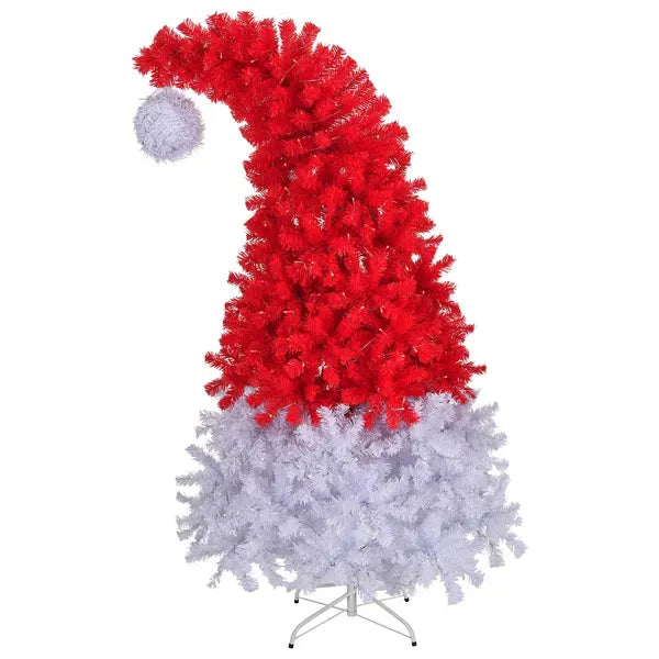 6 FT Santa Hat Style Pre-lit Christmas Tree, Hinged Artificial Xmas Tree Pine Tree With 300 Lights, 1050 Branch Tips For Holiday Party Store Office Home, Red & White