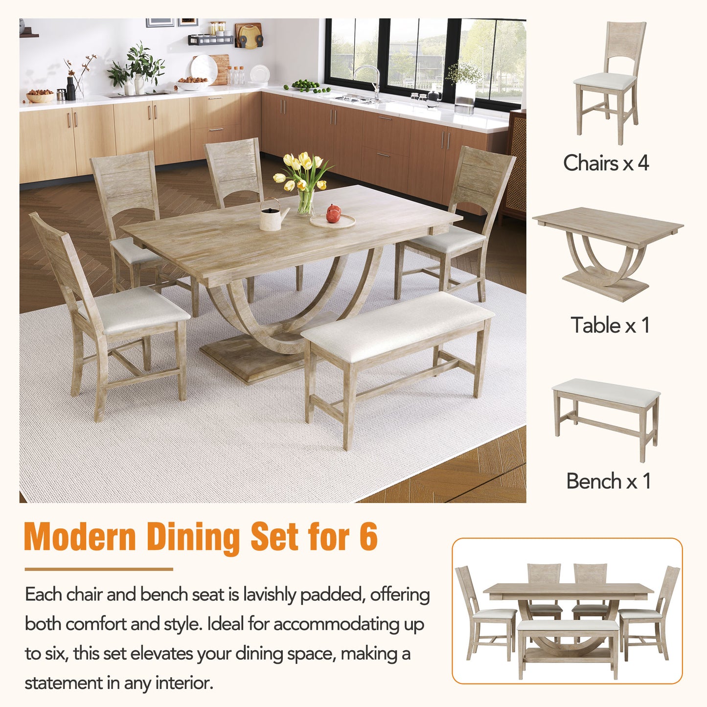 TOPMAX 6-Piece Wood Half Round Dining Table Set Kitchen Table Set With Long Bench And 4 Dining Chairs, Modern Style, Seadrift