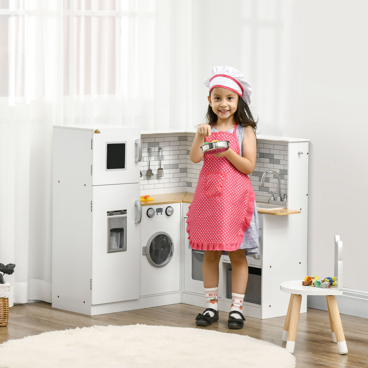 Corner Play Kitchen Set With Sound Effects And Tons Of Countertop Space, Large Wooden Kitchen With Washing Machine, Food Toys, Ice Maker, Kids Kitchen, Ages 3-6, White