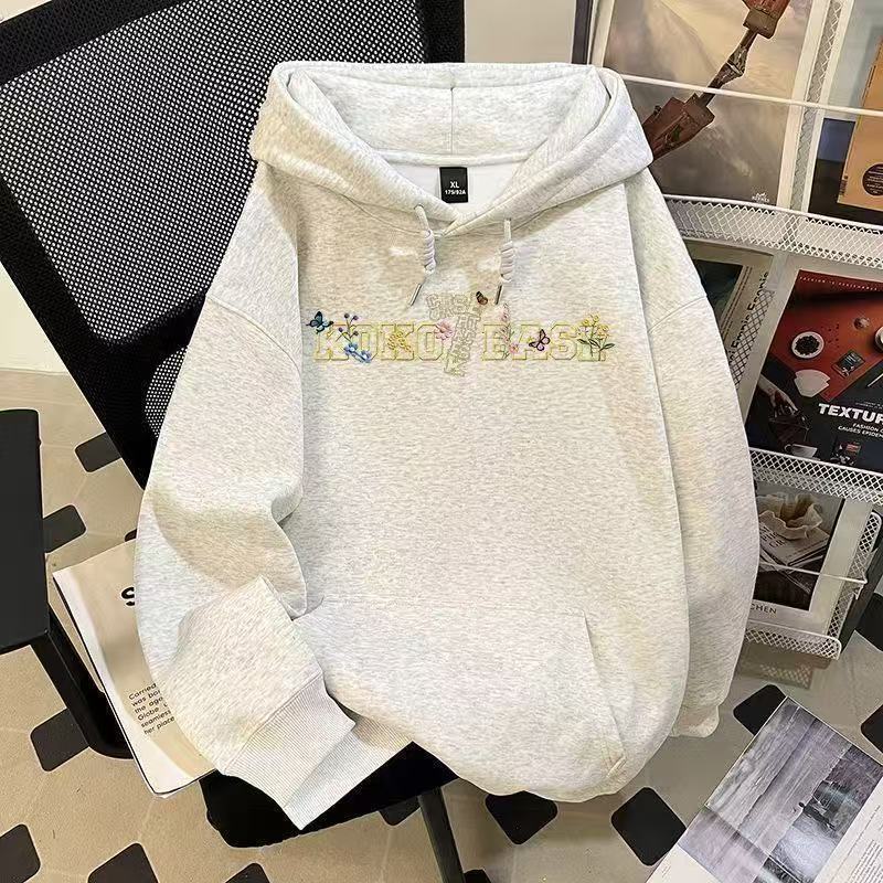 Korean-style Designer Floral And Letter-printed Hooded Sweatshirt With Silver Fox Velvet Finish