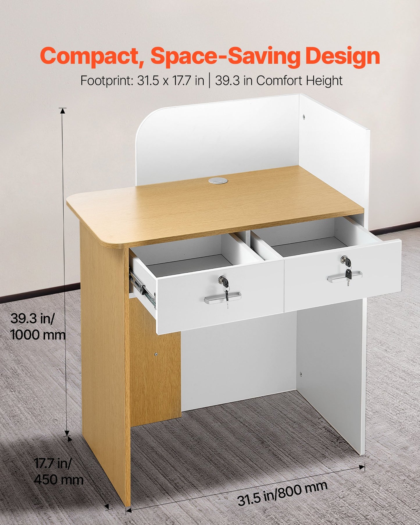 Reception Desk, 31.5 Inch Rectangular Front Counter Table, Modern Office Reception Desk With LED Light, 2 Drawers & Power Outlets, Retail Counter Table For Checkout, Lobby, Beauty Salon, Office