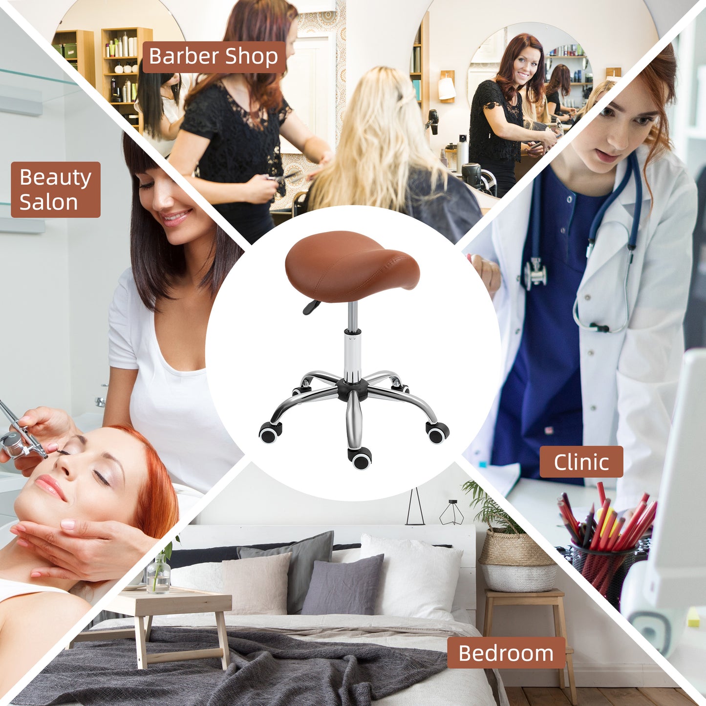 Saddle Stool, Height Adjustable Salon Chair For Massage Spa, Faux Leather, Brown