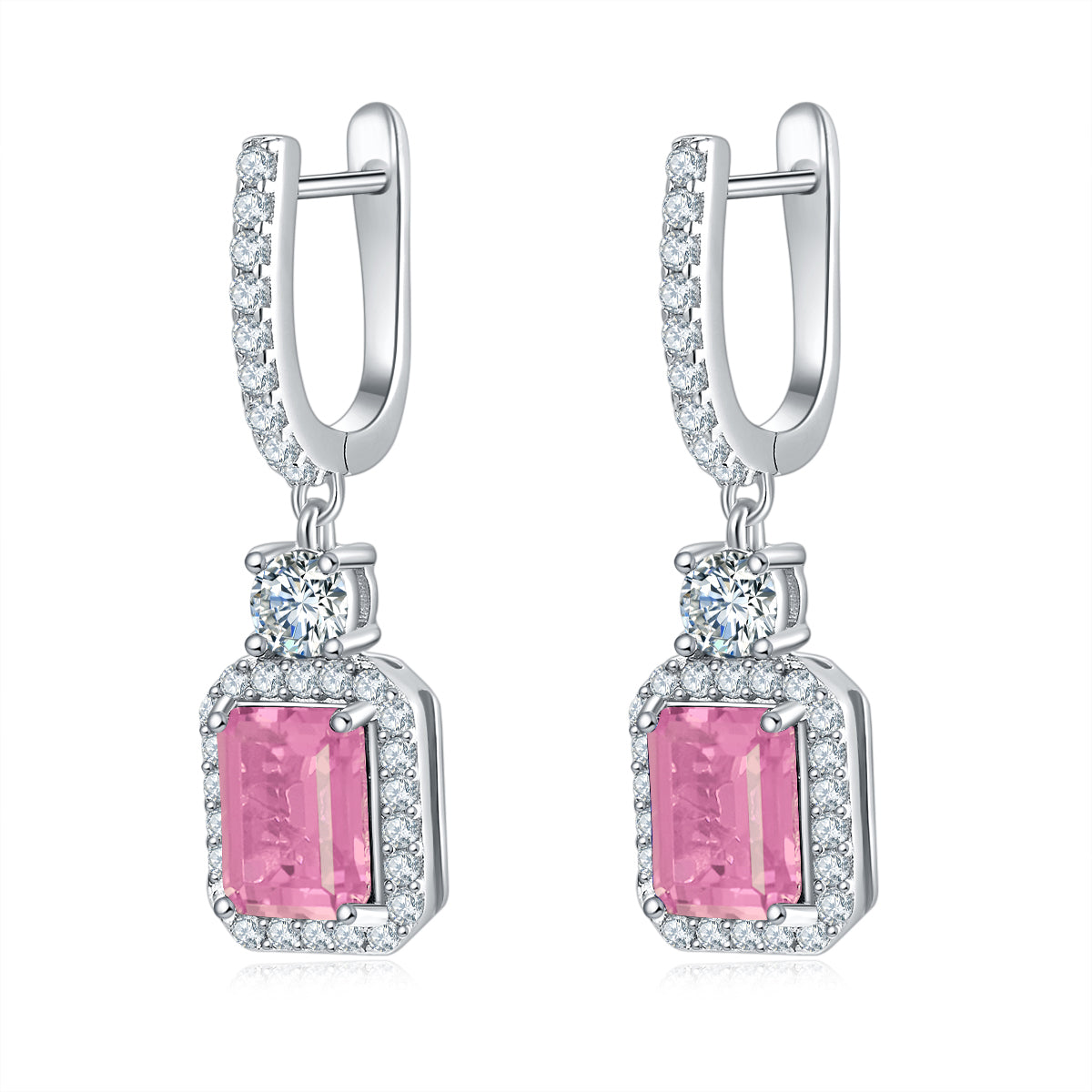 S925 Sterling Silver Lab-Grown Emerald Cut Drop Earrings, 6x8mm 6ct Ruby Sapphire Emerald, Platinum Plated 5.2g Women's Jewelry Gift Box