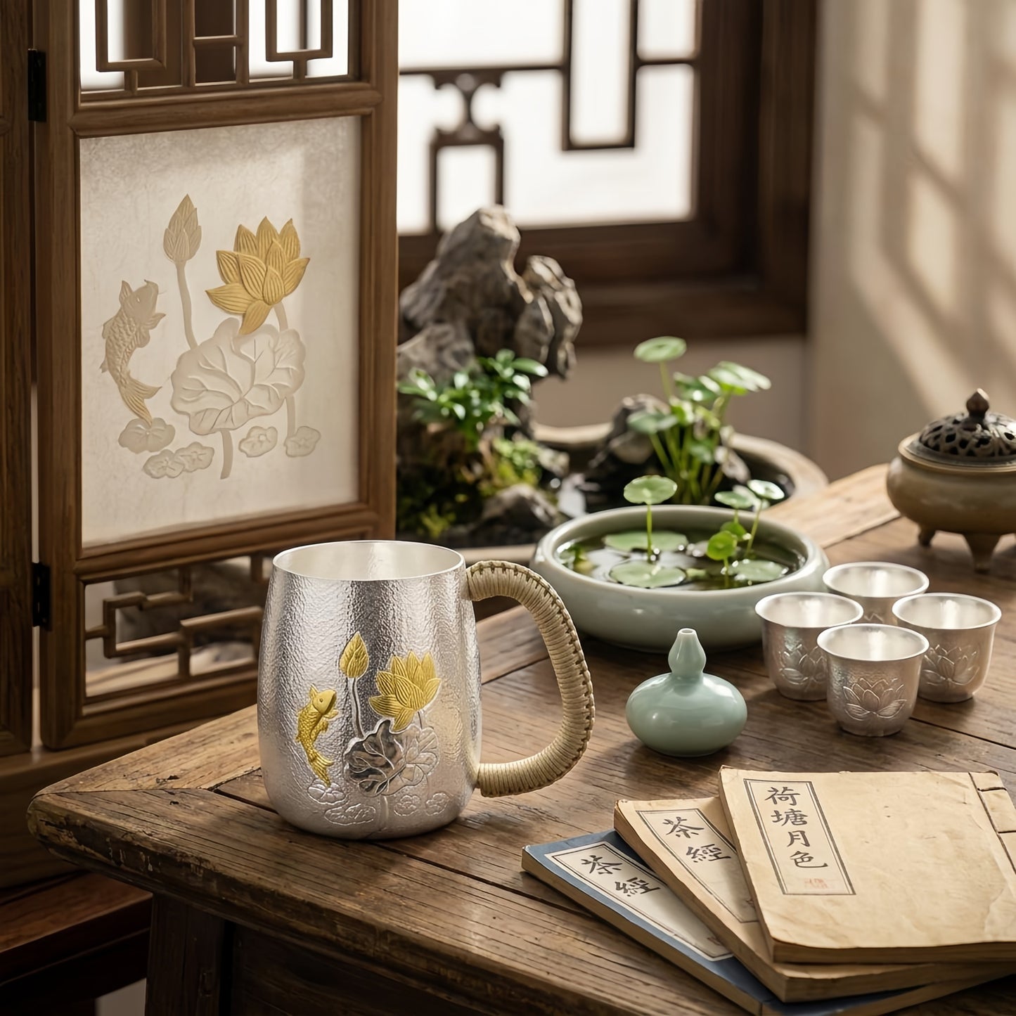 925 Sterling Silver Elegant Hammered Silver Tea Mug Featuring Gilded Lotus and Fish Accents with Woven Handle - Handicraft