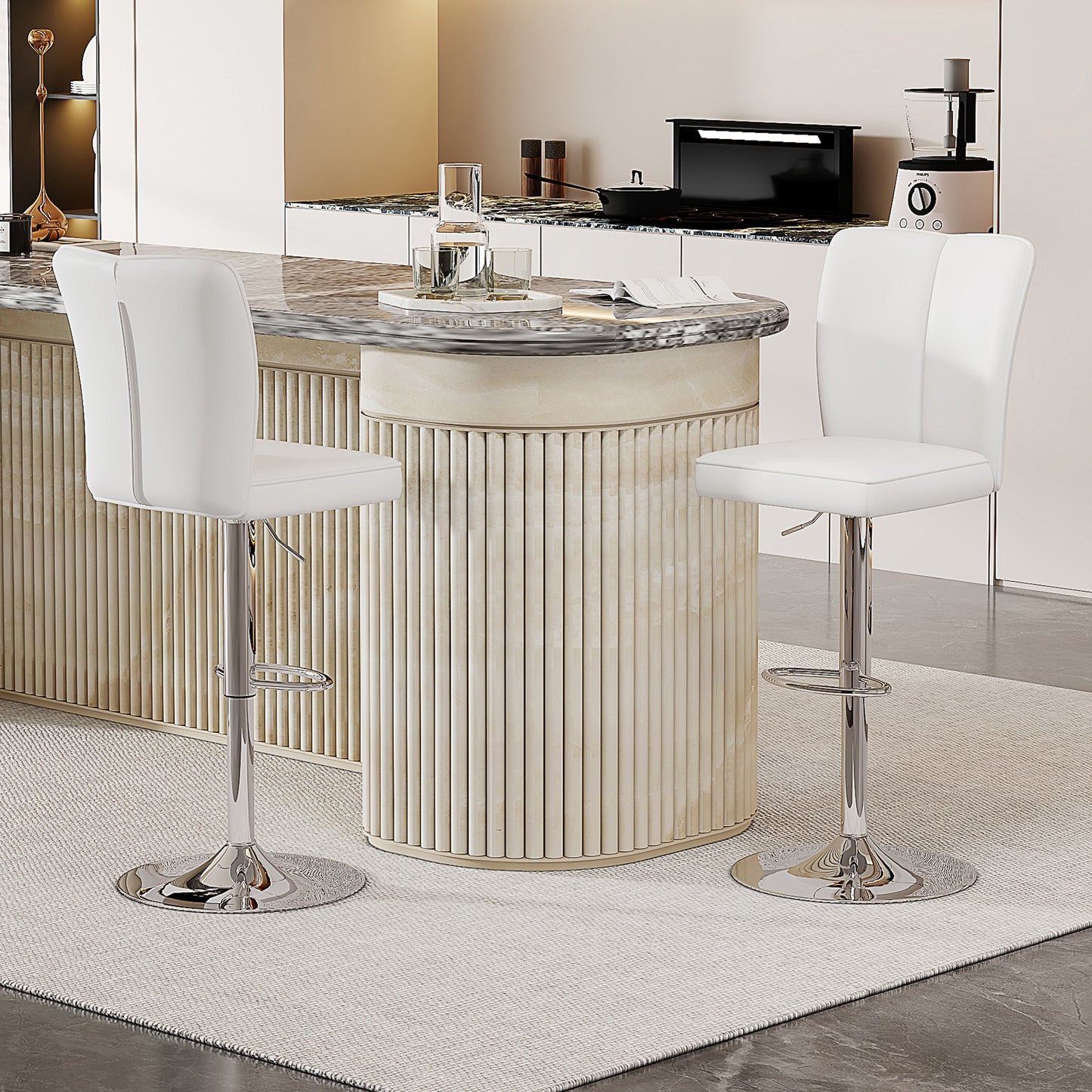 Height-adjustable Bar Stool In A Set Of 2, Can Be Rotated 360 . Luxurious Bar Stool In Silver And White Design Made Of Water-repellent PU Leather, Suitable For Kitchen Islands. Various Colors Availabl