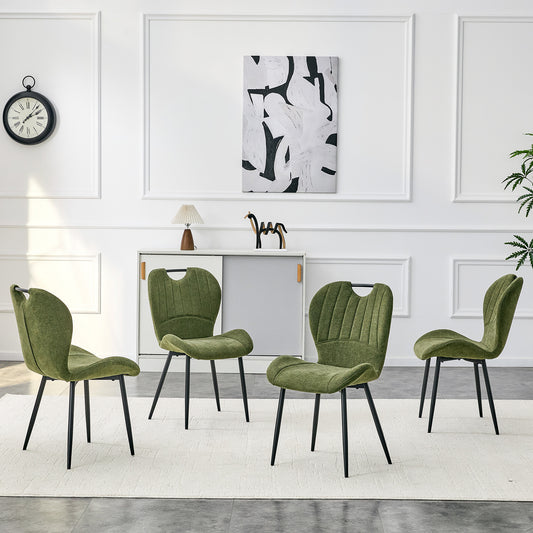 Set Of 4 Olive Green Fabric Dining Chairs With Integrated Handle.Black Metal Frame, Adjustable Leveling Feet. Home Dining Chairs With Extra-Wide Comfortable Cushion, Versatile For Study Or Vanity Use.