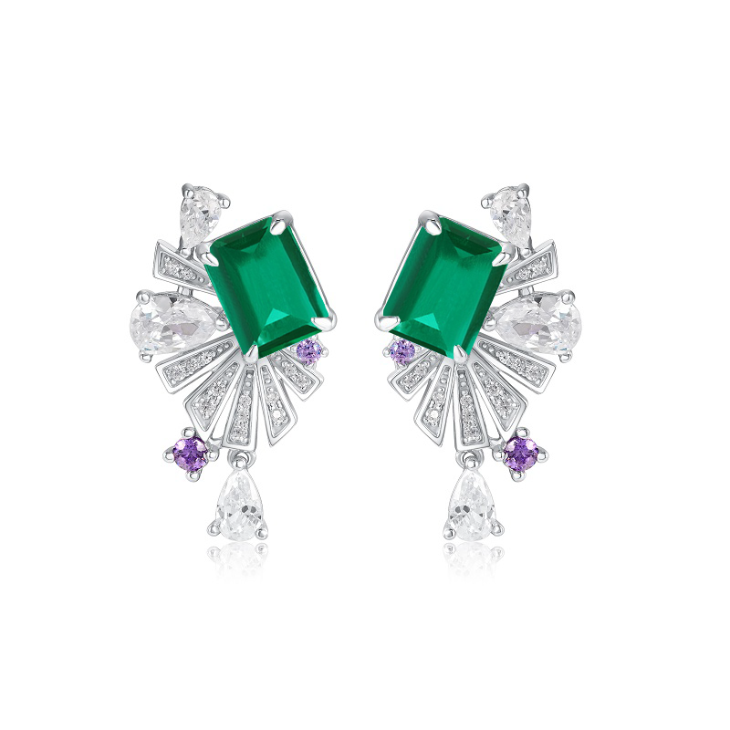 S925 Sterling Silver Art Deco Fan Drop Earrings, 8x6mm Lab-Grown Ruby Emerald Paraiba & Blue Diamond, Platinum Plated 5g Women's Fine Jewelry Gift Box