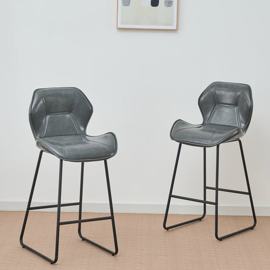 Set Of 2 Faux Leather Bar Stools, Modern Bar Stools With Backrest, Metal Frame And Footrest, For Kitchen, Counter, Home Bar And Dining Area,Grey