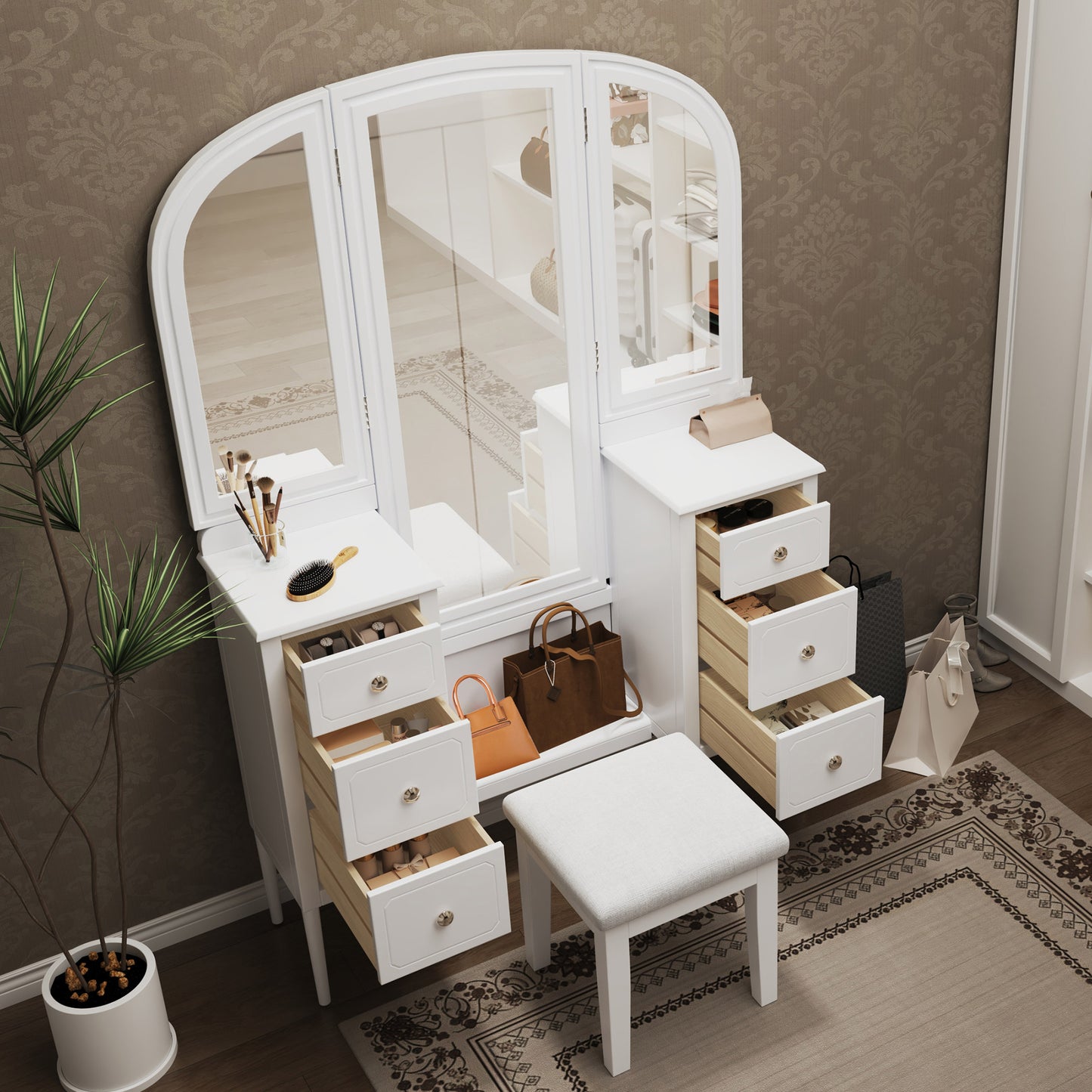 Antique Makeup Vanity Desk With Triple Mirror, 6-Drawer Dressing Table Set Including Stool, Full Length Mirror For Bedroom Dressing Room, White
