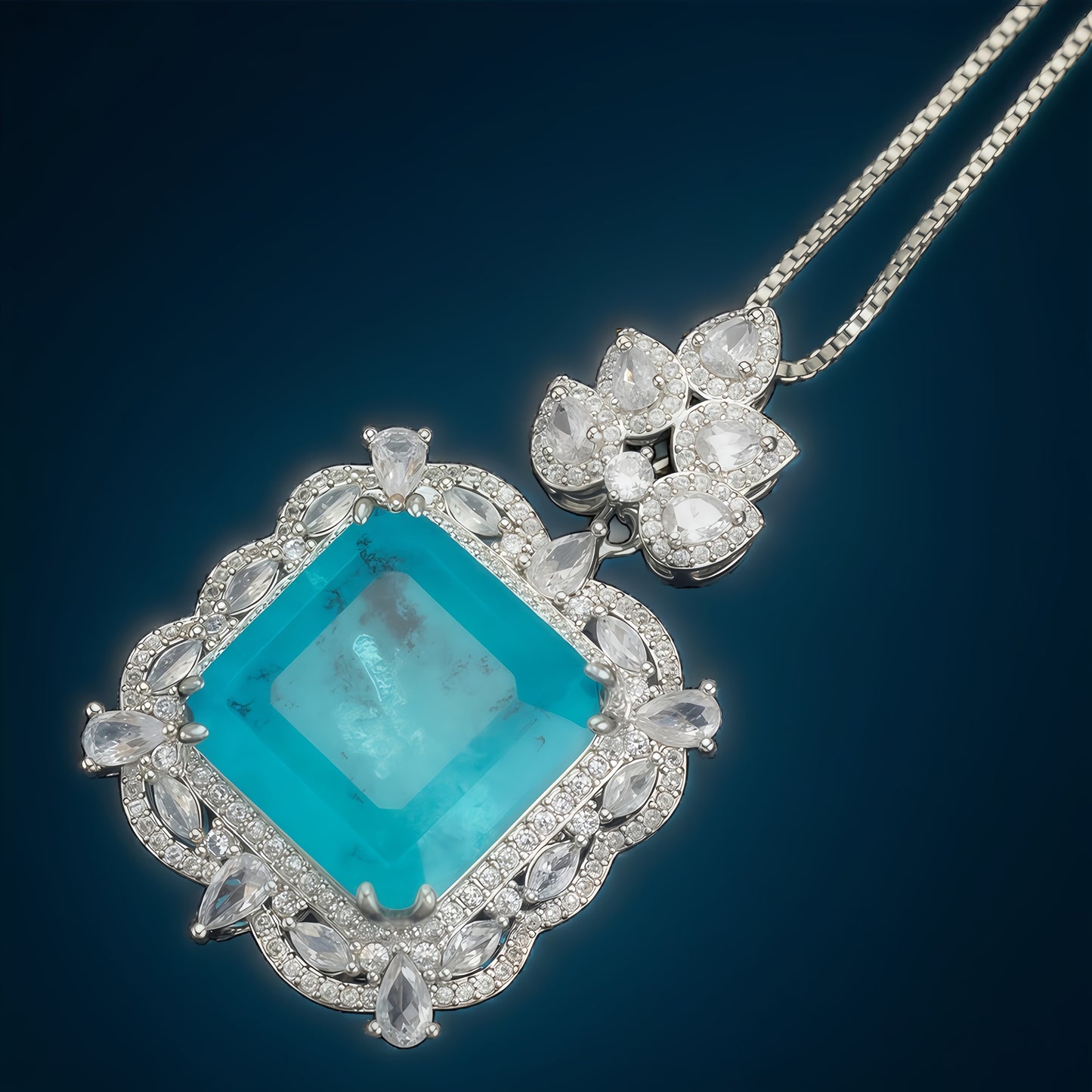 Square Cut Paraiba Blue CZ Multi-Shape Halo Pendant Necklace For Women, Copper Plated Silver Pear & Round White Cubic Zirconia Vintage Luxury Wedding Statement Jewelry Gift