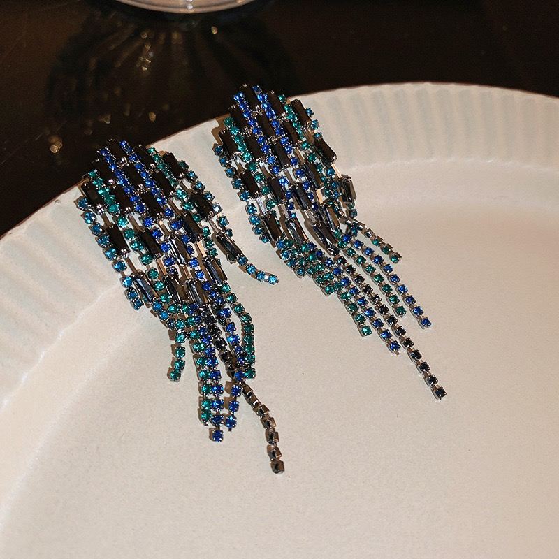 Silver Needle Tassel Earrings For Women Korean Style Zircon Long Dangle Elegant