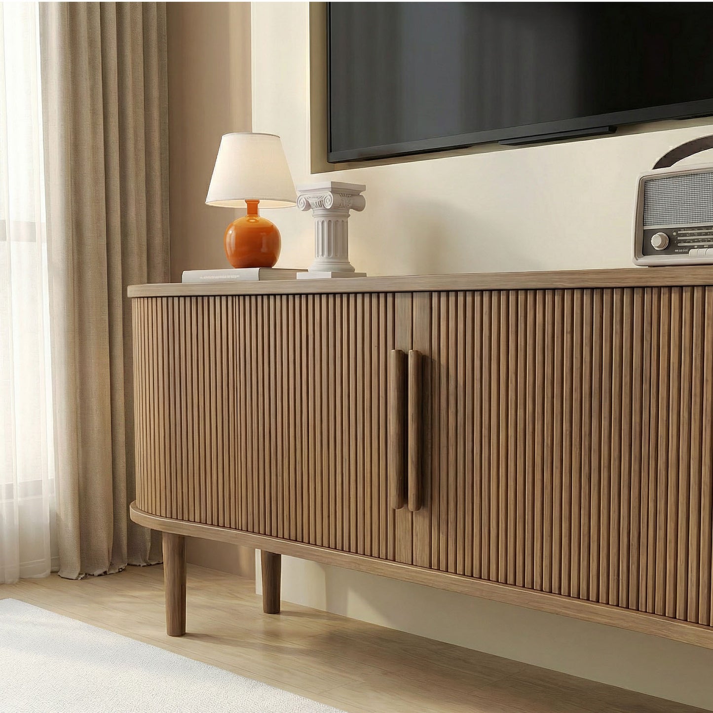 63in Fluted TV Stand Modern Media Console Table Entertainment Center With Sliding Door And Solid Wood Legs For Living Room Bedroom Office