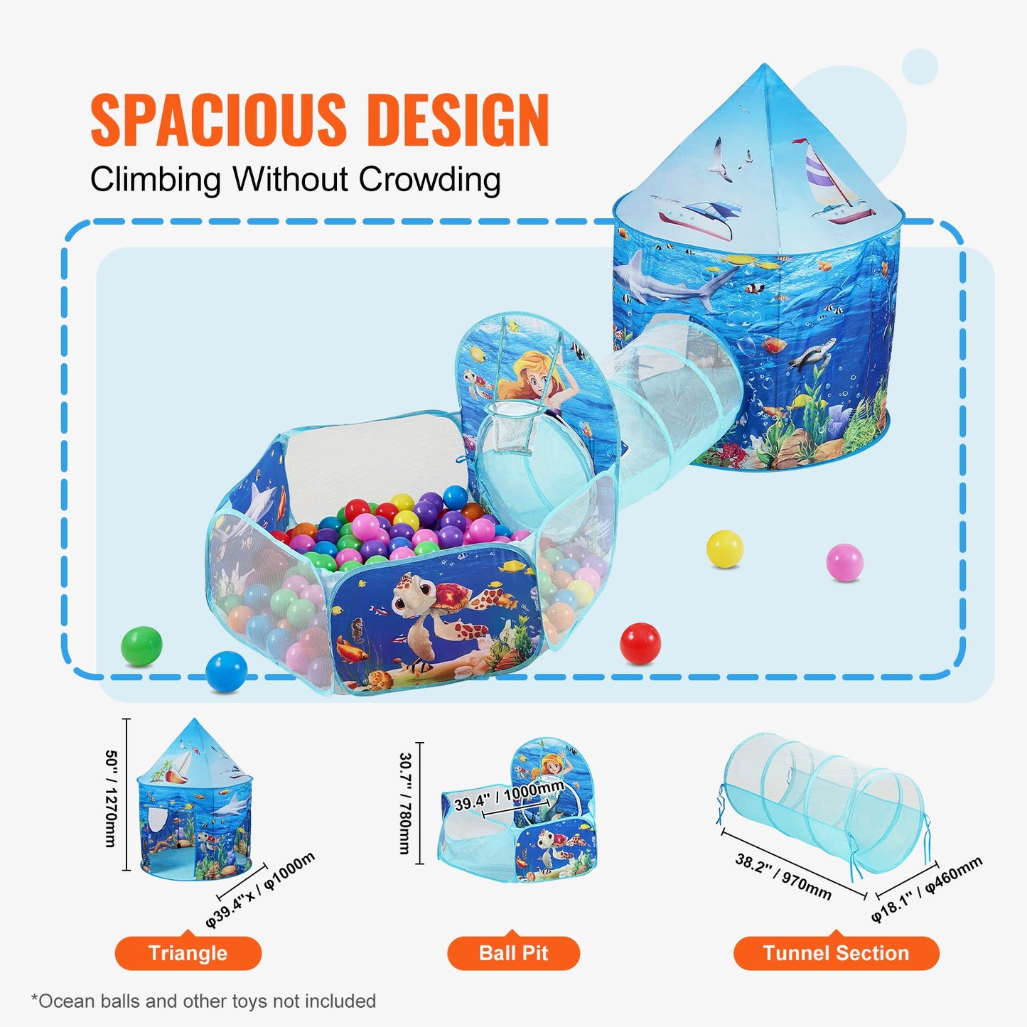 3 In 1 Kids Play Tent With Tunnel, Basketball Hoop For Boys, Girls, Babies And Toddlers, Indoor Outdoor Pop Up Playhouse With Carrying Bag & Banding Straps Birthday Gifts, Blue Ocean