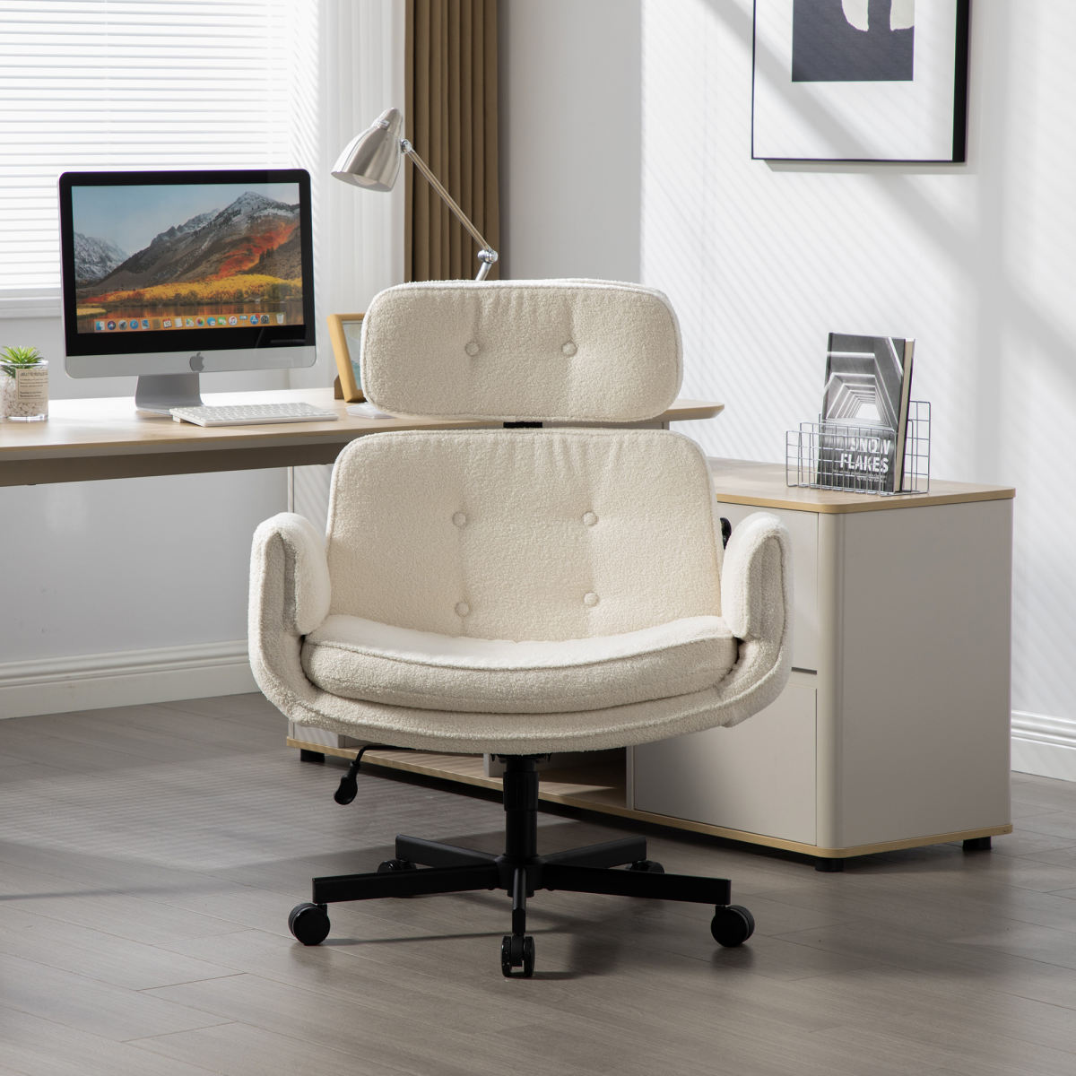 Criss Cross Chair With Adjustable Armrests & Wheels & Headrest, Lounge Vanity Desk Chair With Wide Seat For Cross-Legged Sitting, Swivel Task Office Chairs For Home, Makeup, Gaming, Office, Ivory