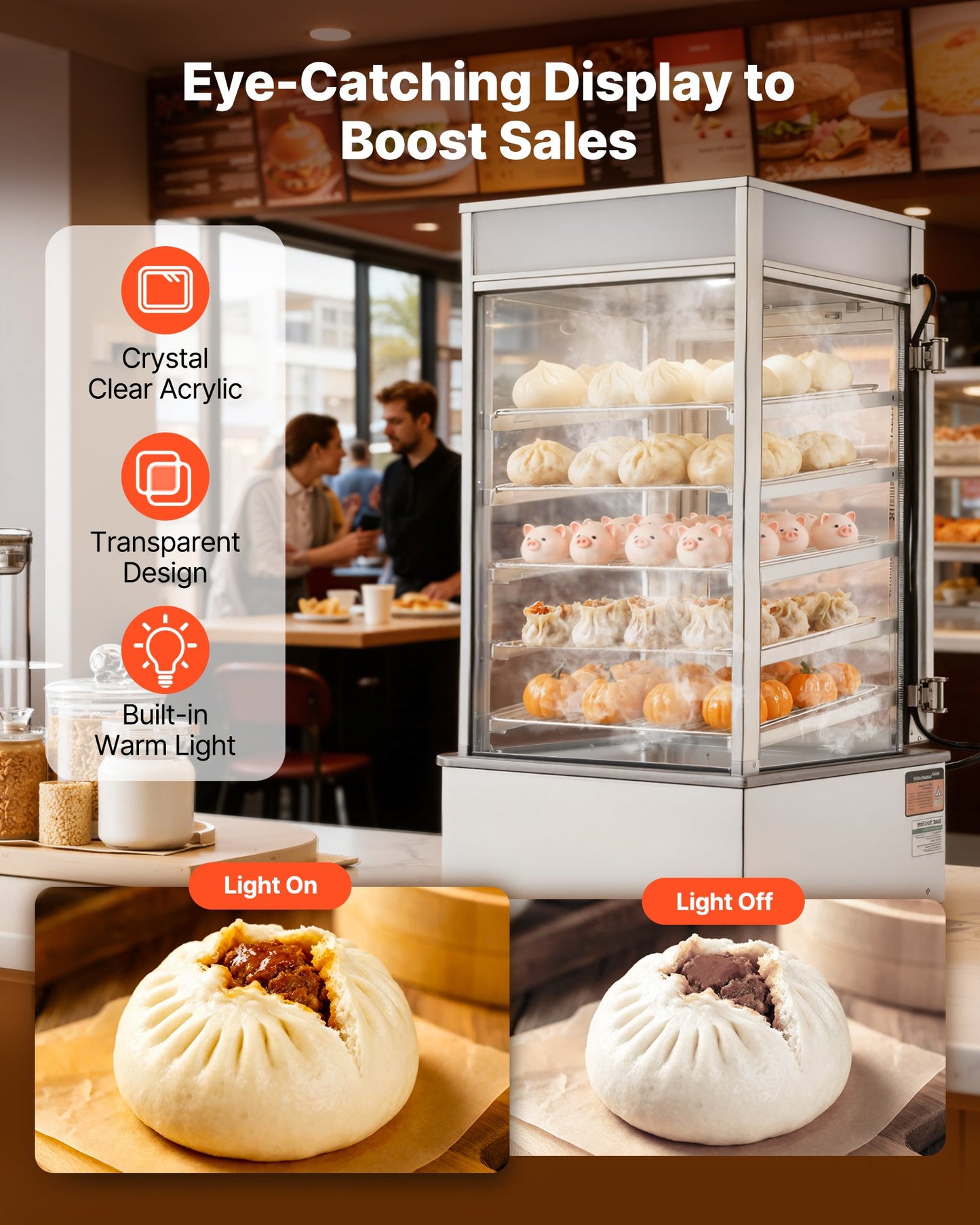 5-Tier Commercial Food Warmer Display, 1200W Food Display Warmer With LED Light, Adjustable Shelf & Stainless Steel Frame, 86℉~230℉ Steam Heating, 120L For Hamburger, Pizza, Bread, Fried Chicken