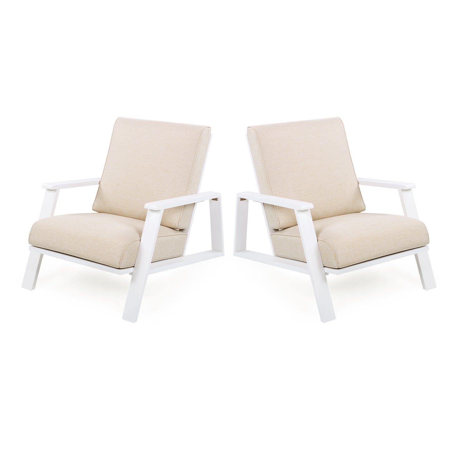 Patio Lounge Chair Set Of 2, Outdoor Club Chair With Beige Cushion And White Acacia Wood Frame
