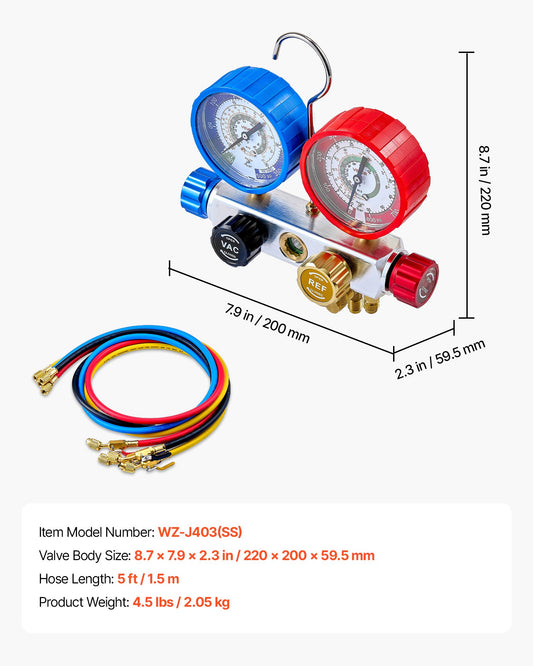 AC Manifold Gauge Set For R22 R404A R410A R12 Refrigerants, 4 Way AC Gauges With 5 Ft Hoses For Automotive & Household Air Conditioning Maintenance, Evacuation Vacuuming Charging And Recovery