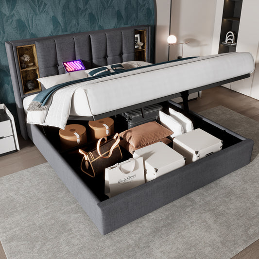 Double Bed With Wireless Charging USB C, Upholstered Bed Bed Frame 180x200cm, Bed Frame With Storage Slatted Frame Made Of Wood-grey Cotton  Without Mattress