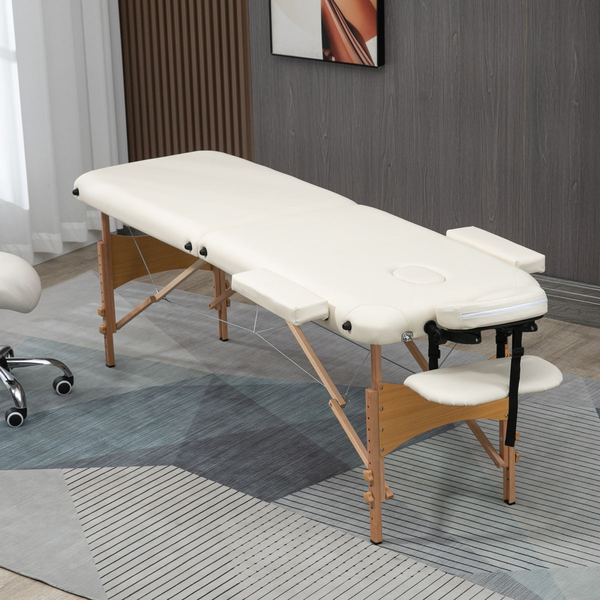 Portable Massage Bed, Folding Spa Beauty Massage Table With 2 Sections, Carry Bag And Wooden Frame, Cream