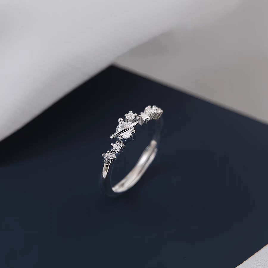1 Piece 999 Sterling Silver Saturn & Star CZ Ring, Delicate Celestial Style, For Daily Wear & Valentine's Gifts