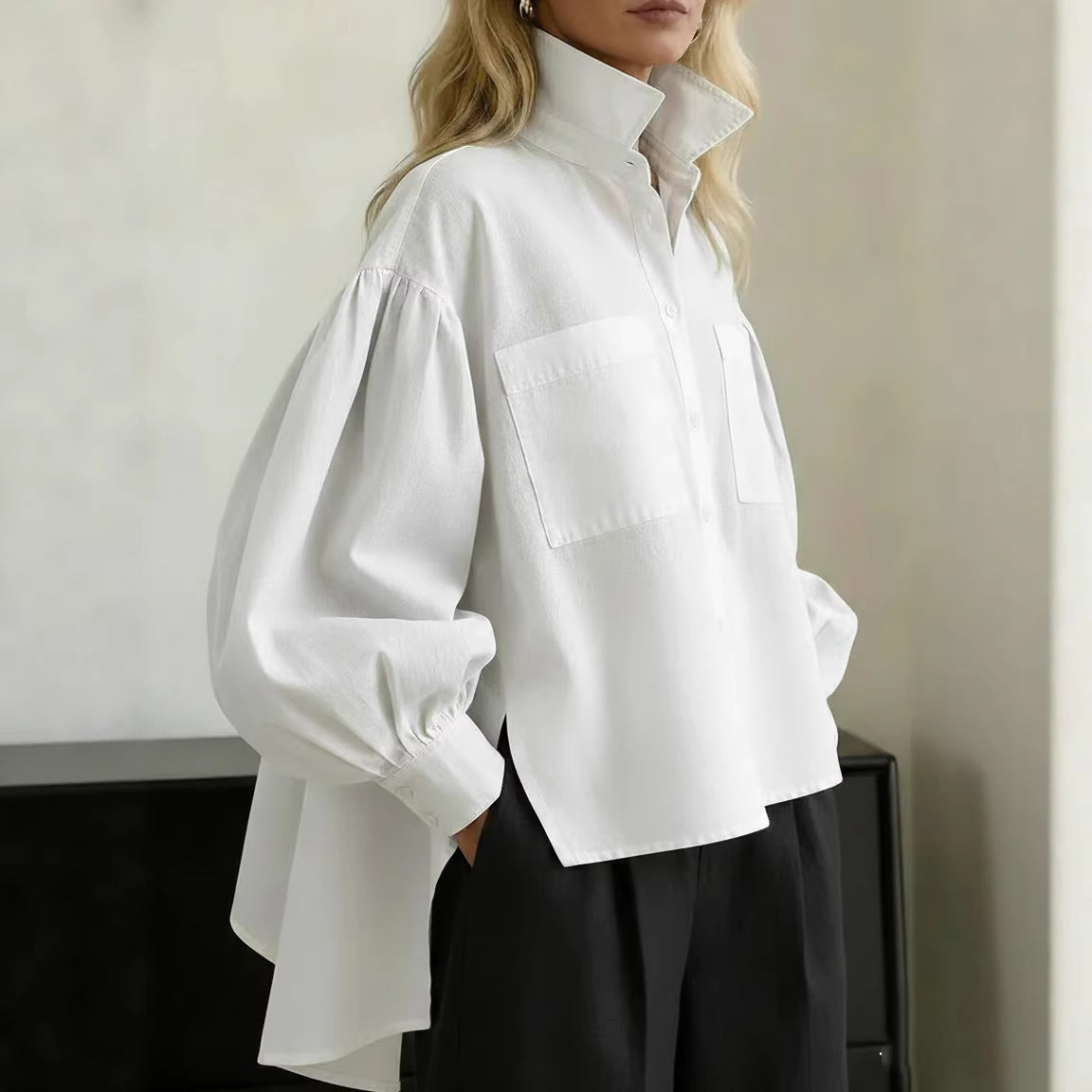 Button-down Long-sleeve Minimalist Office-style Womens Blouse
