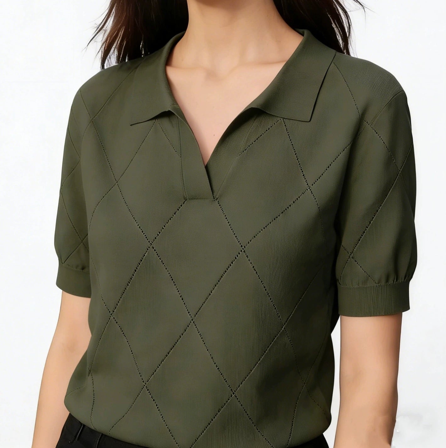Women's Lightweight Summer Knitwear, Flared Collar Polo-Neck Short Sleeve Military Green Waist-Cinching Slim Fit Office-Ready Versatile Top