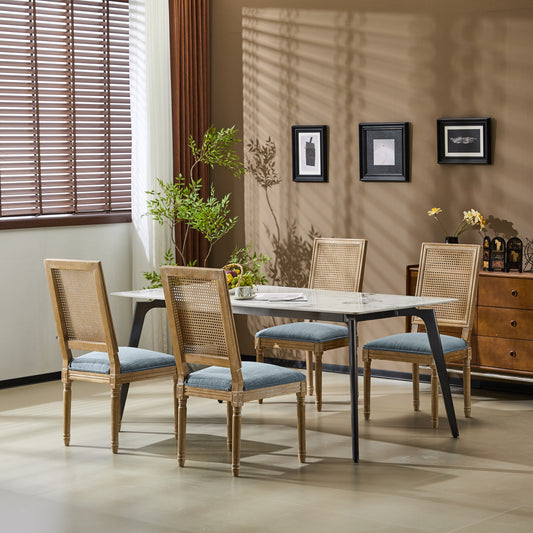 Set Of 4 French Country Dining Chairs - Elegant Cane Backrest & Upholstered Seats With Fluted Legs - Rustic Weathered Finish - Solid Rubberwood Frame - Vintage Inspired Kitchen & Dining Room Chairs