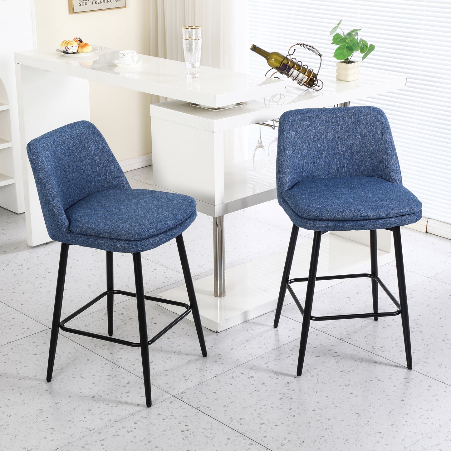 Counter Height Swivel Bar Stools Set Of 2, 360 Swivel Upholstered Barstools With Back And Metal Legs, 25.6 Seat Height,Counter Stools For Kitchen Island And Pub,Linen Cloth,Blue Linen